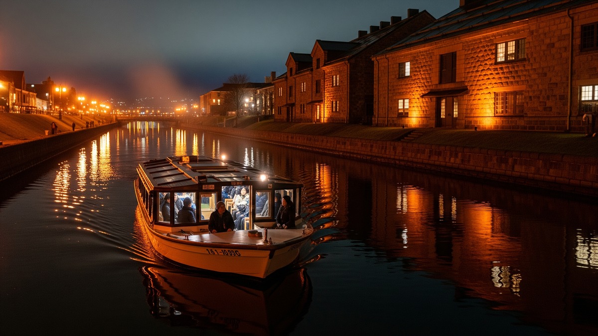 Otaru Canal Cruise boat with historic warehouse scenery