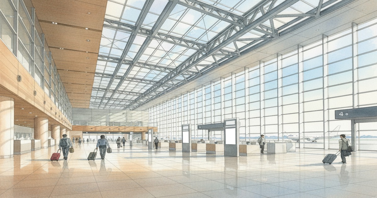 Atrium of New Chitose Airport terminal building with travelers