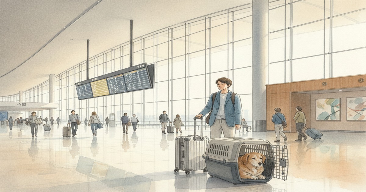 Terminal building at New Chitose Airport and an image of a dog in a travel carrier
